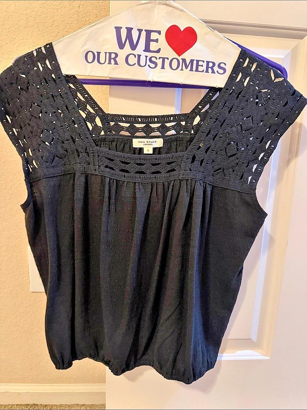 Max Studio London Crochet Yoke Blouse in Black Size Small Like New